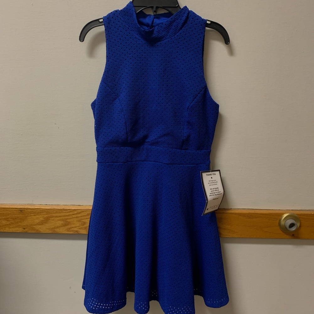 BEAUTIFUL BLUE HIGH NECK FIT AND FLARE MIDI DRESS
